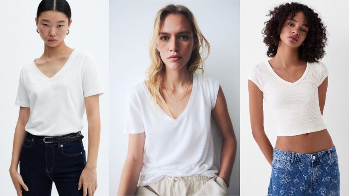 Camiseta básica blanca escote pico / Fotos: Mango, H&M y Bershka