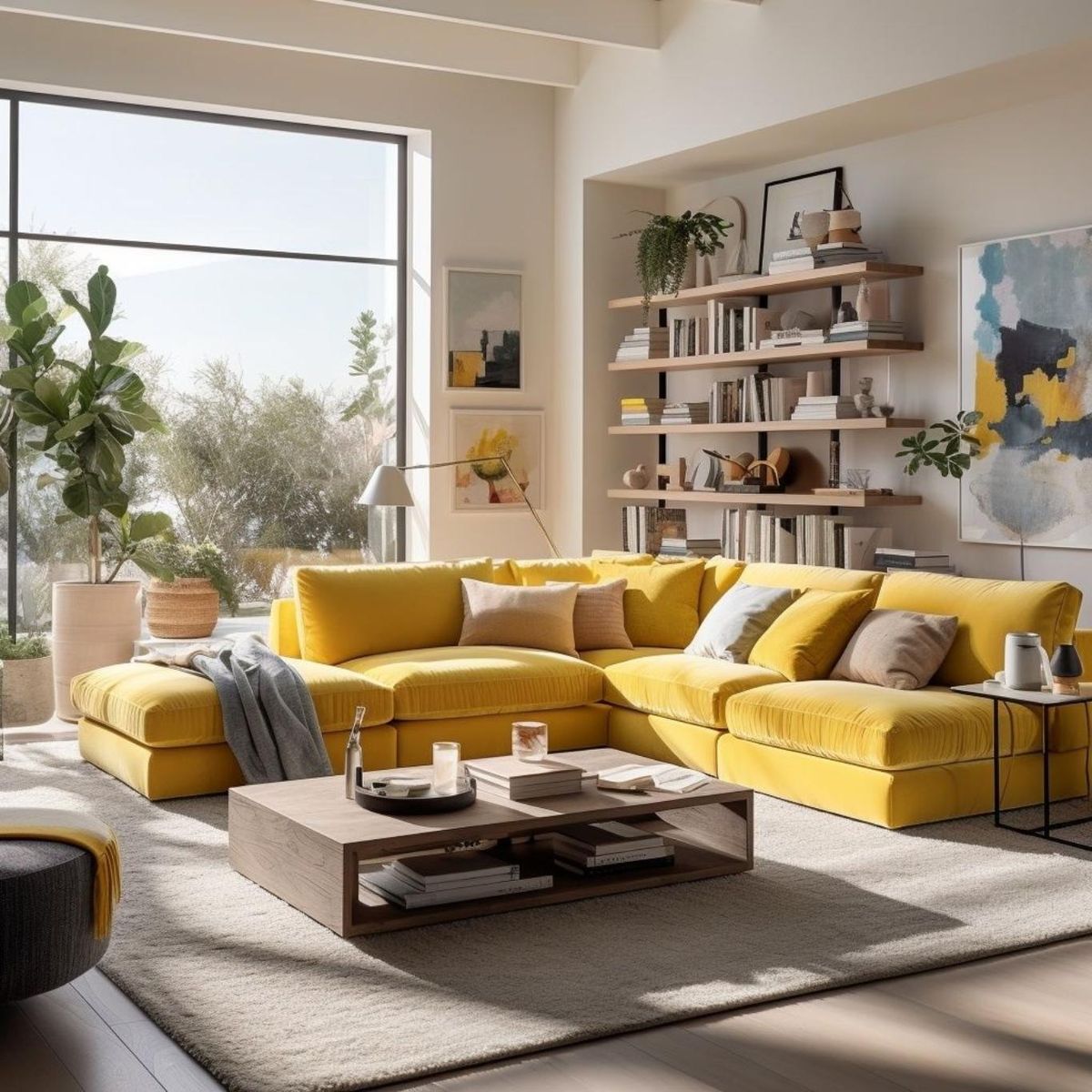 Salón con sofá amarillo, una tendencia primaveral.