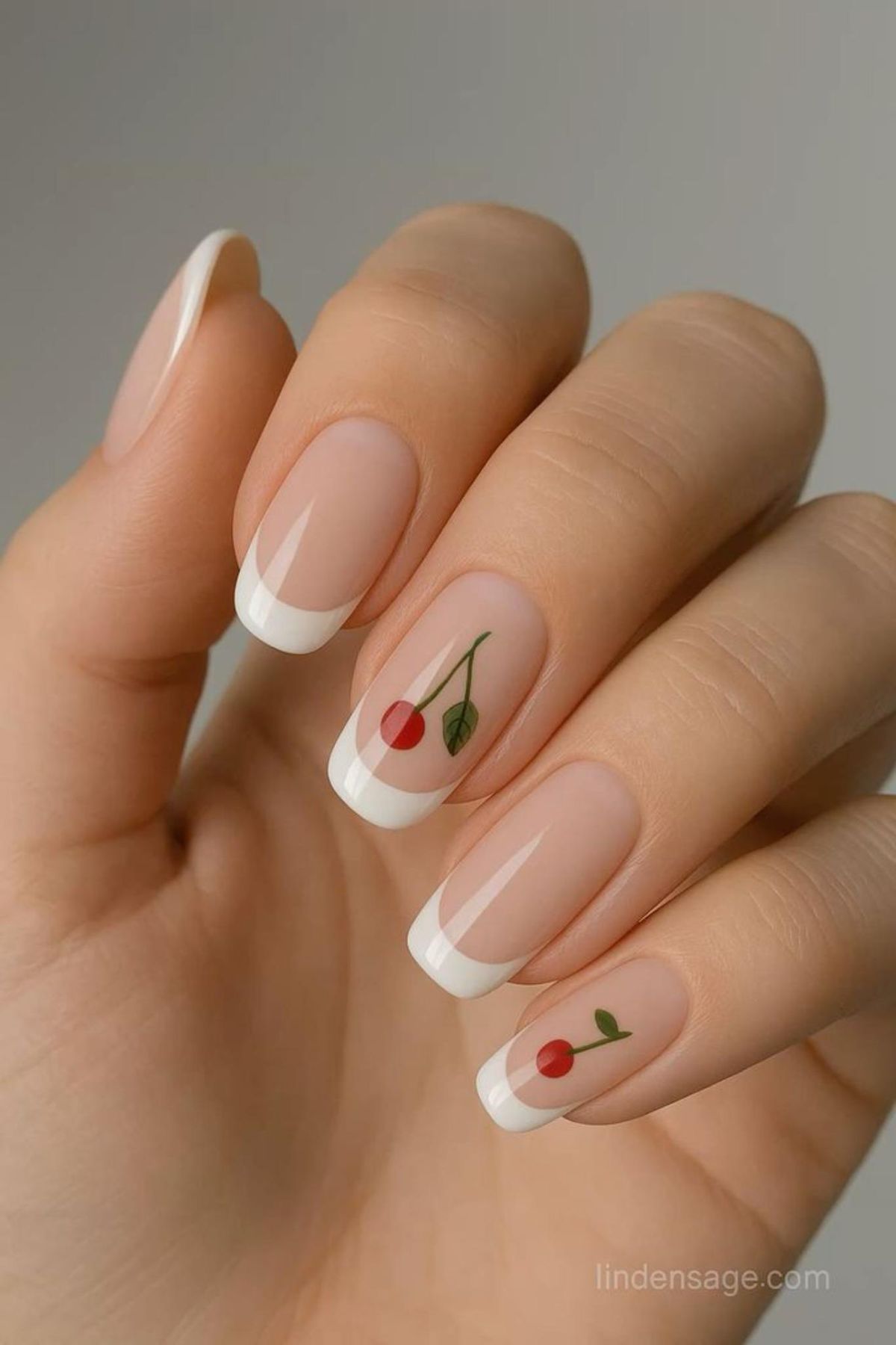 Uñas francesas con dibujos de cerezas.