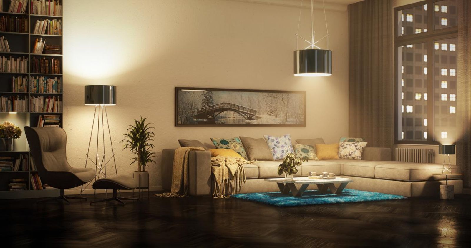 Salón moderno con lámparas de estilo industrial.