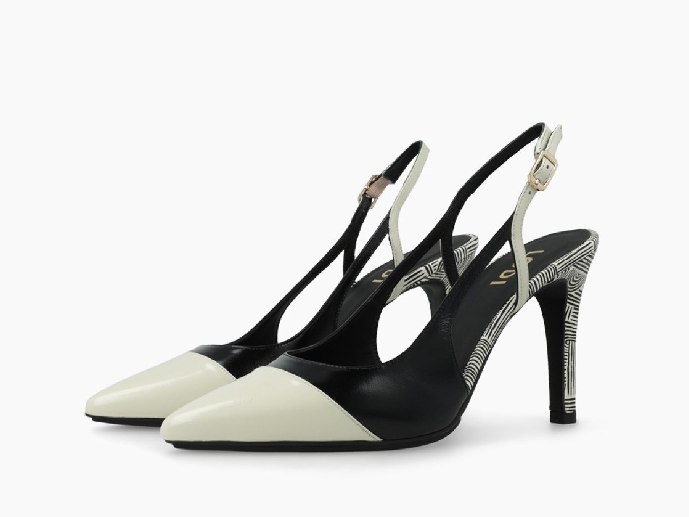 Zapato de salón destalonado blanco y negro