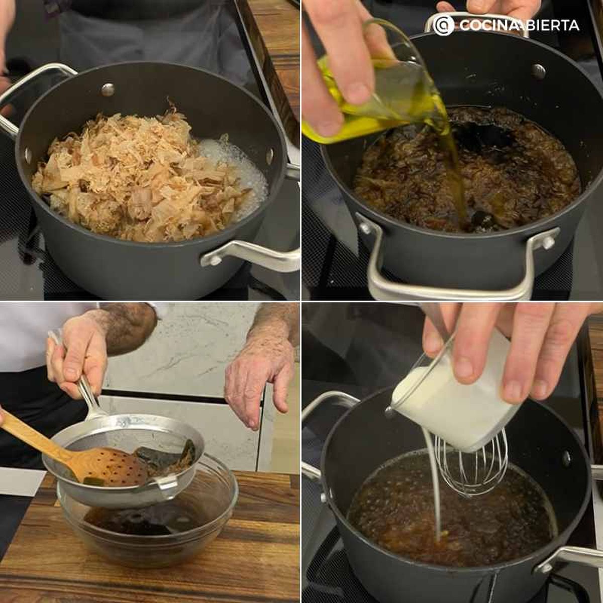 Prepara la salsa katsuobushi y jengibre