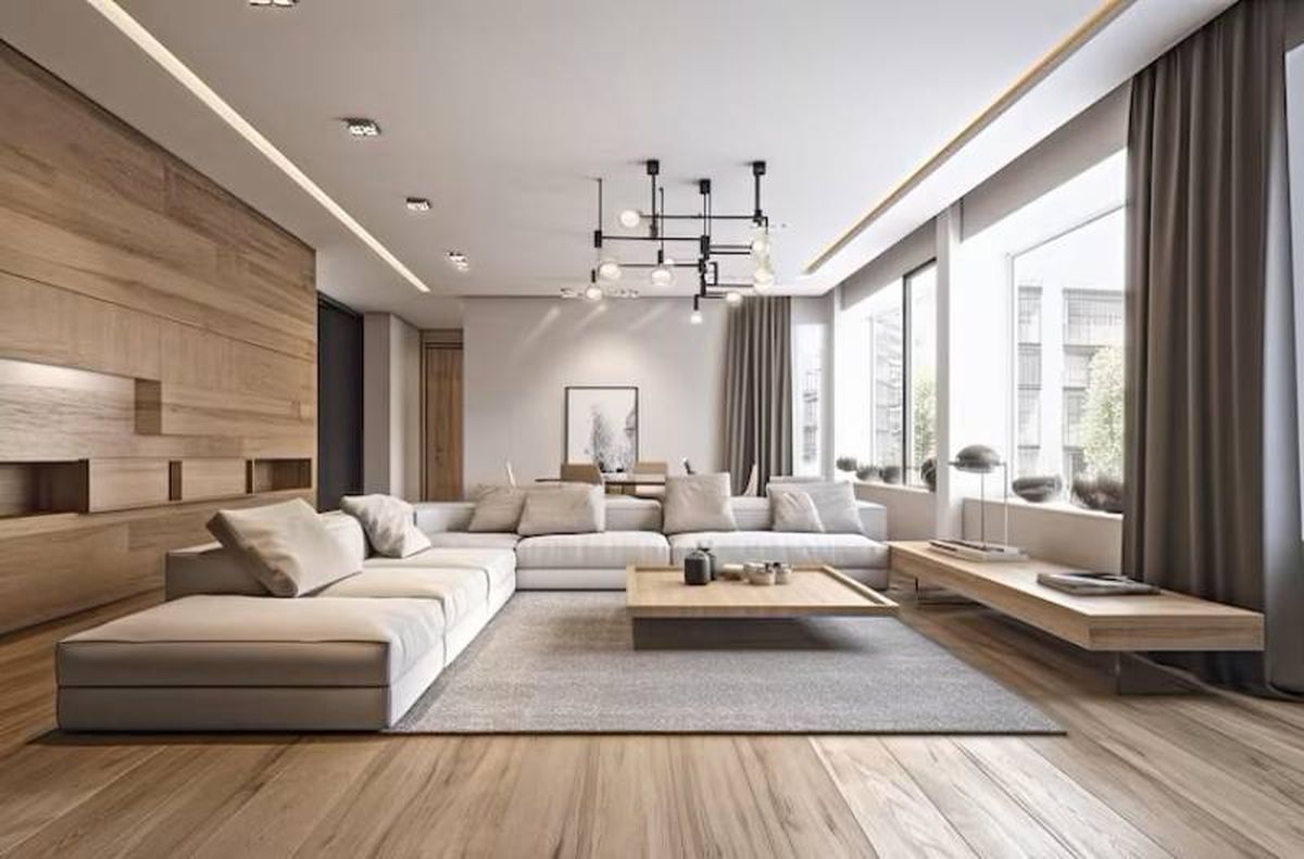 Salón con un sofá grande y muebles prácticos de una casa minimalista.