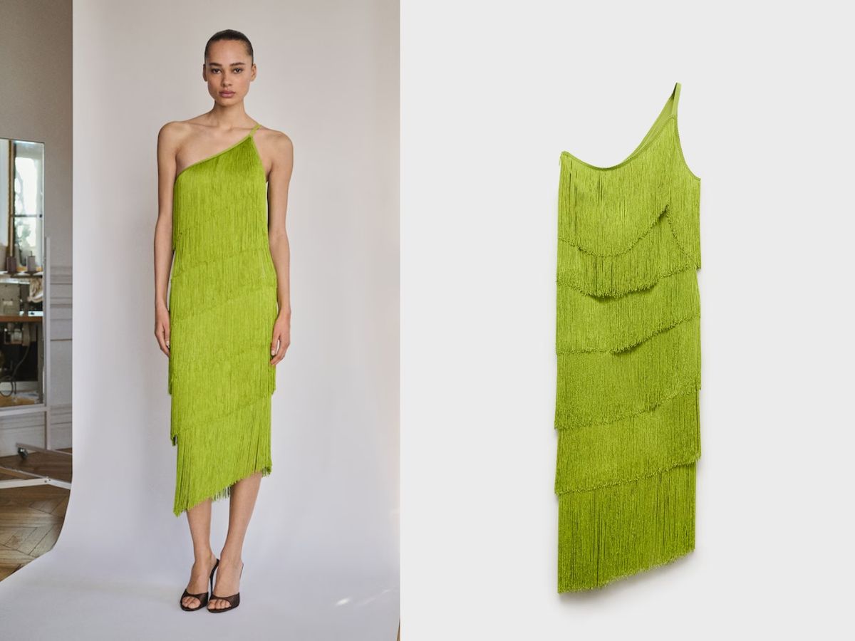 Vestido asimétrico con flecos / Fotos: Mango