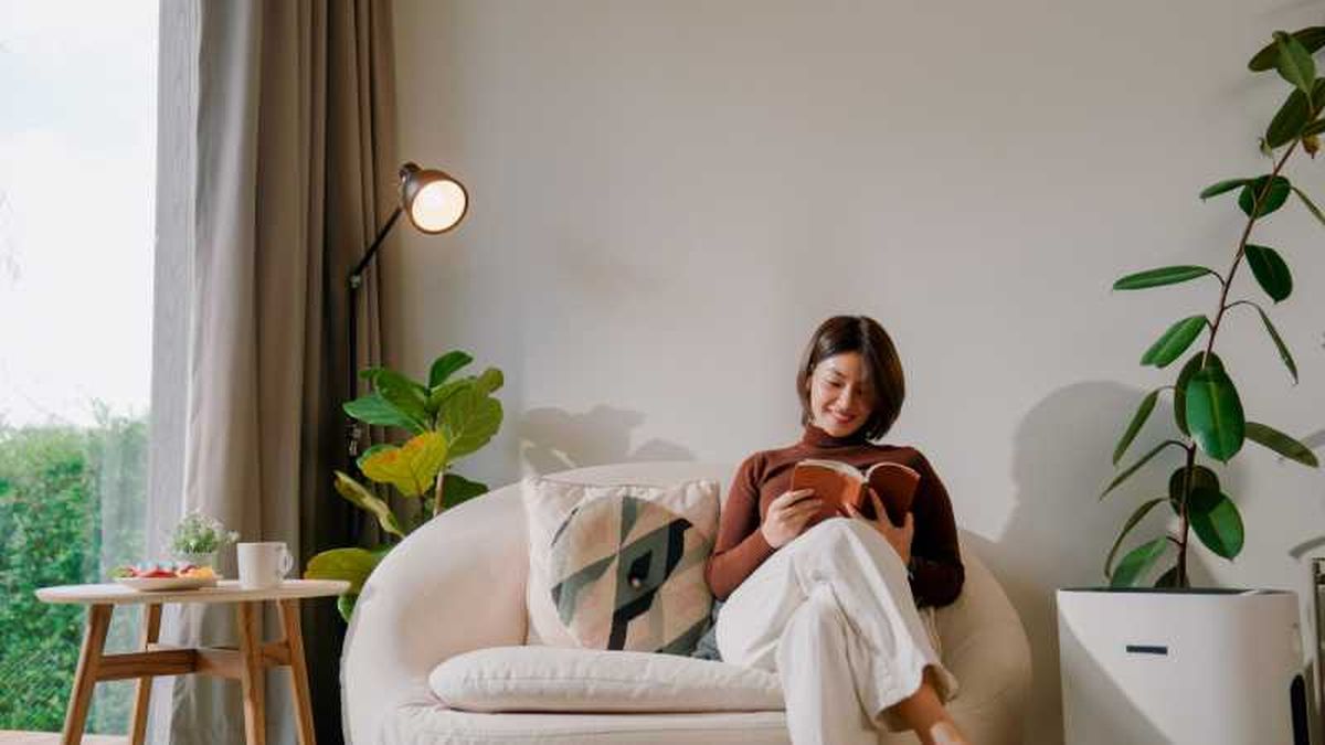 Mujer leyendo en un salón ordenado.
