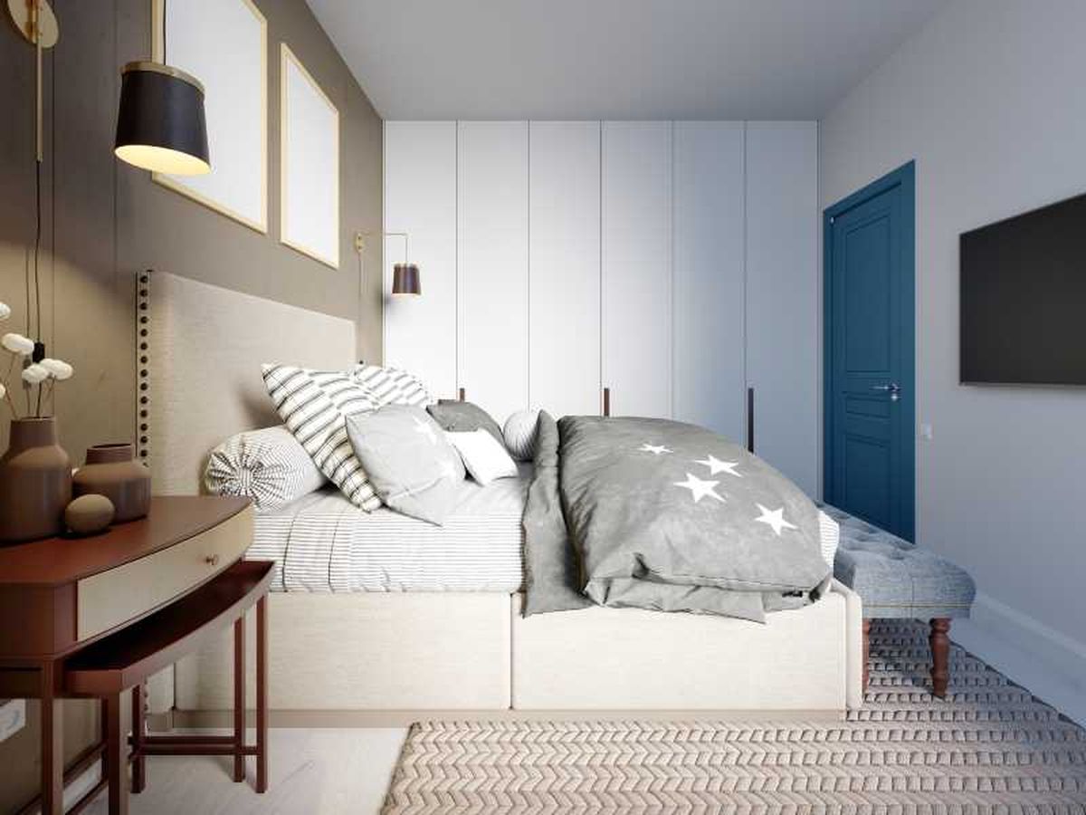 Habitación pequeña en gris y azul.