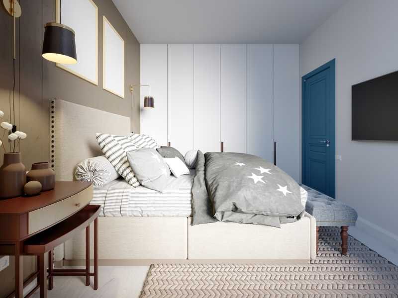 Habitación pequeña en gris y azul.