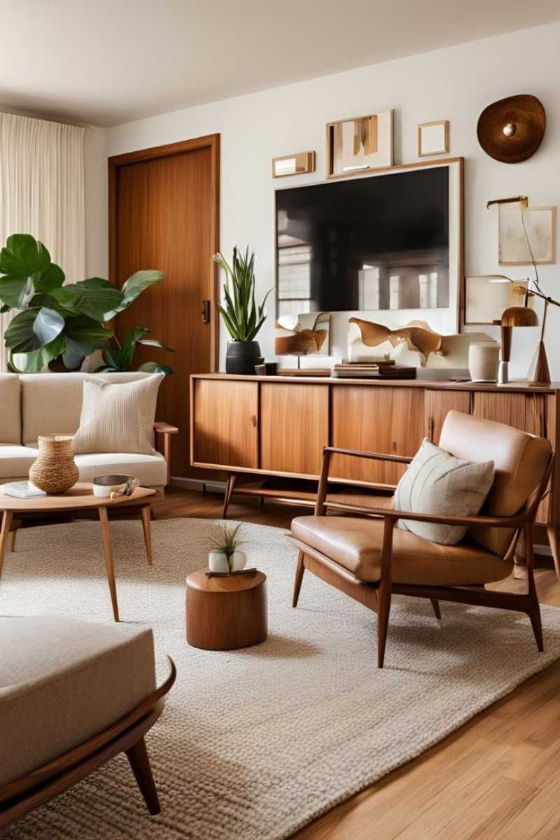 Salón de estilo mid century modern.