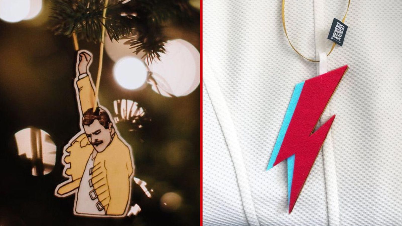 Adornos navideños rockeros de Freddie Mercury y David Bowie para el árbol de Navidad.