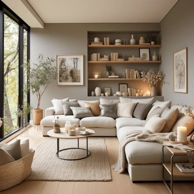 Salón en tonos claros decorado con tejidos otoñales y complementos naturales.