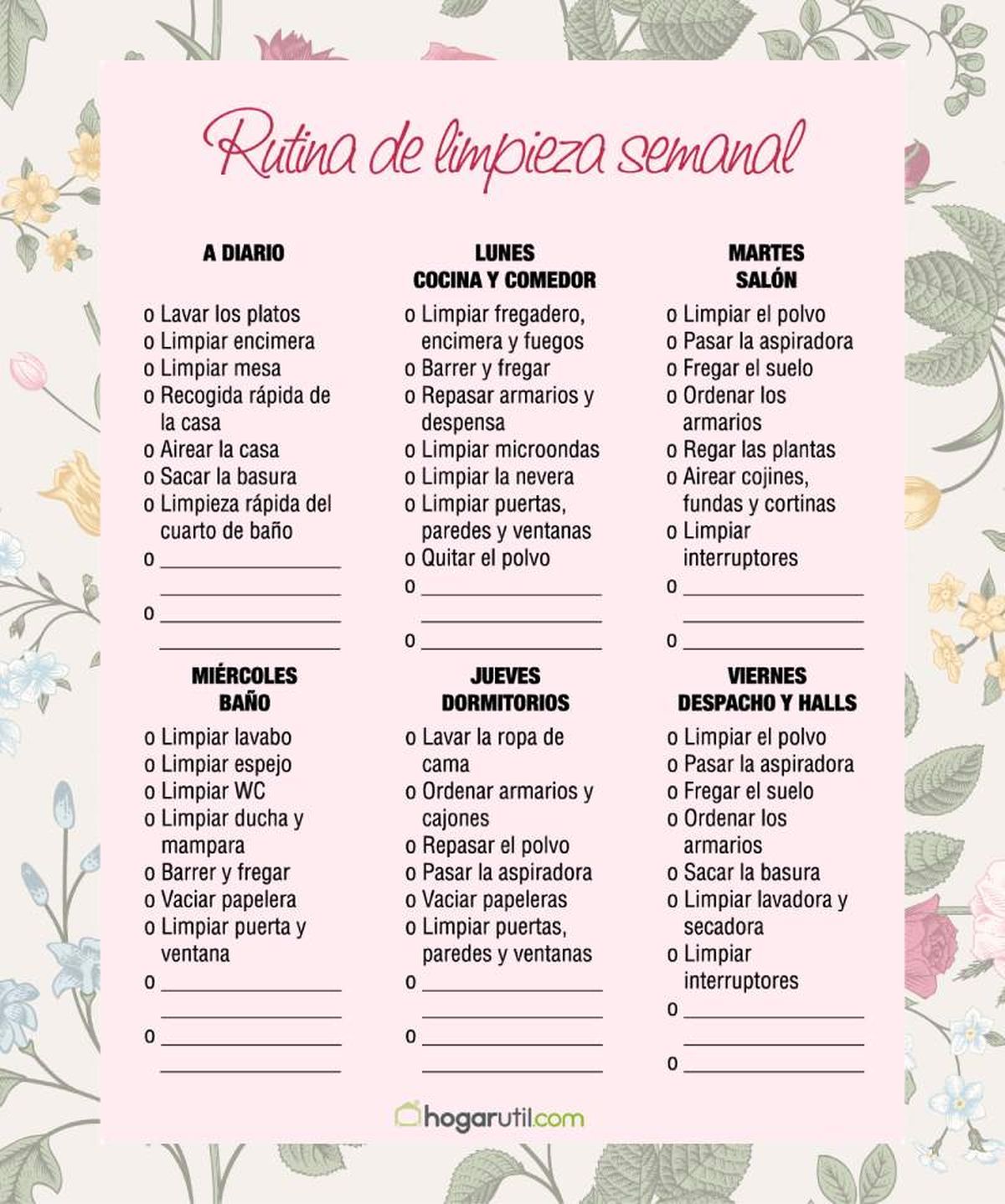 Plantilla con rutina de limpieza semanal completa en color rosa / Hogarmania