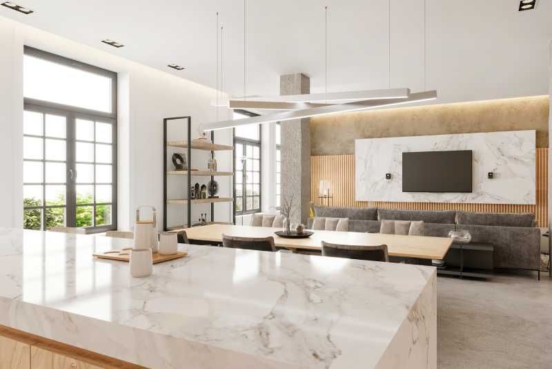 Cocina abierta con superficies decoradas con vinilo efecto mármol.