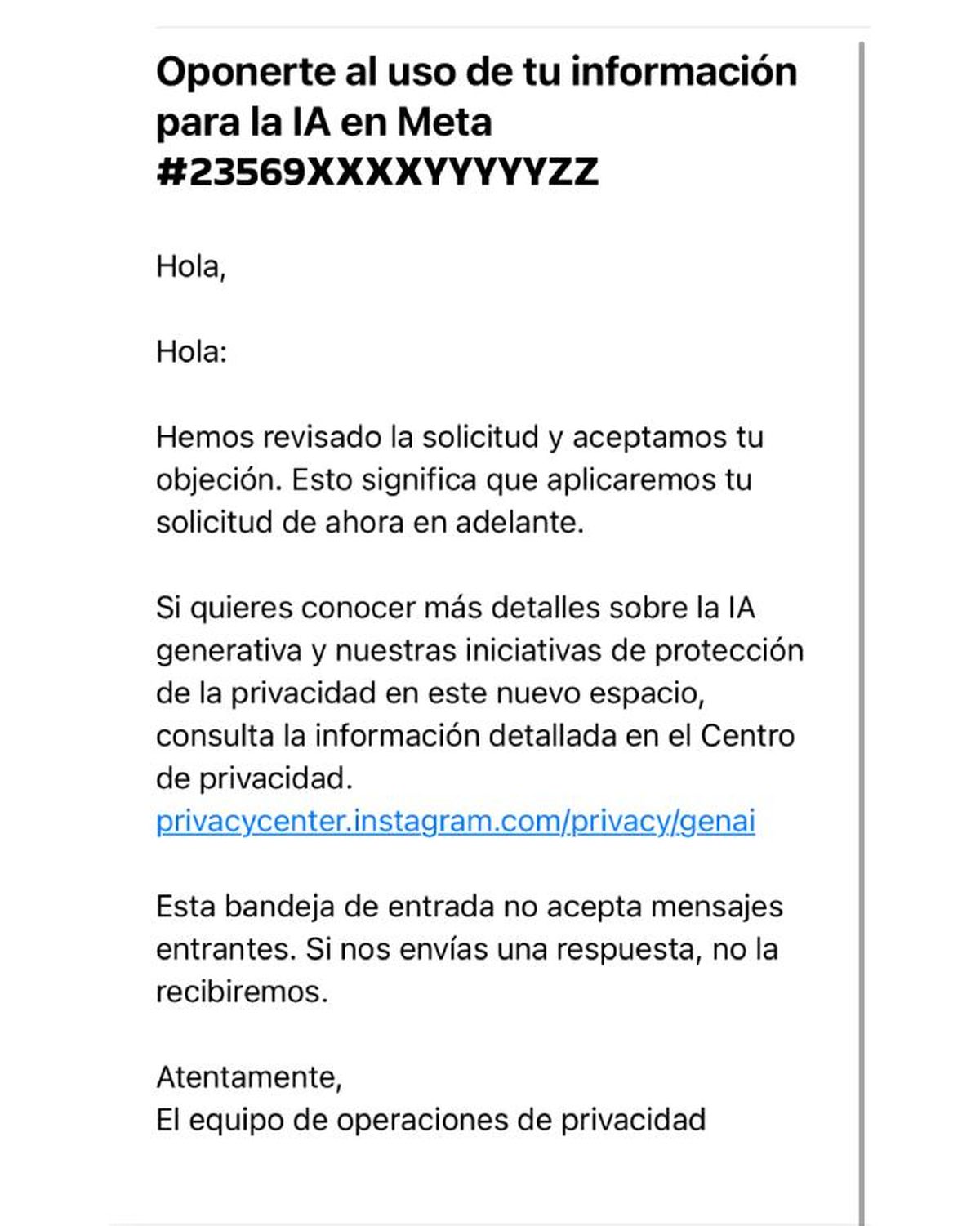 Meta debe enviarte un email de confirmación tras la oposición