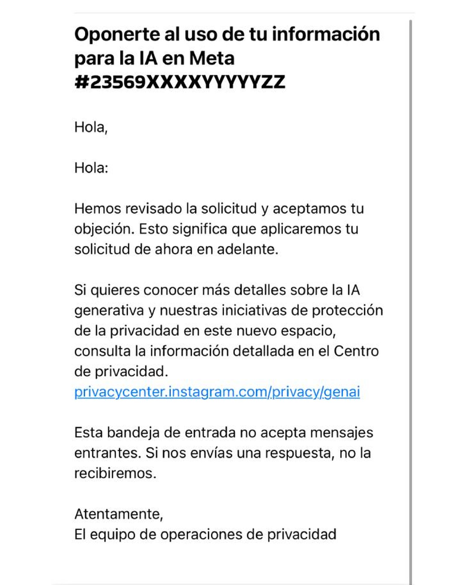 Meta debe enviarte un email de confirmación tras la oposición