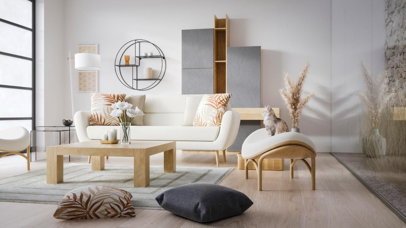 Salón decorado en un beige muy claro para evitar sombras oscuras.