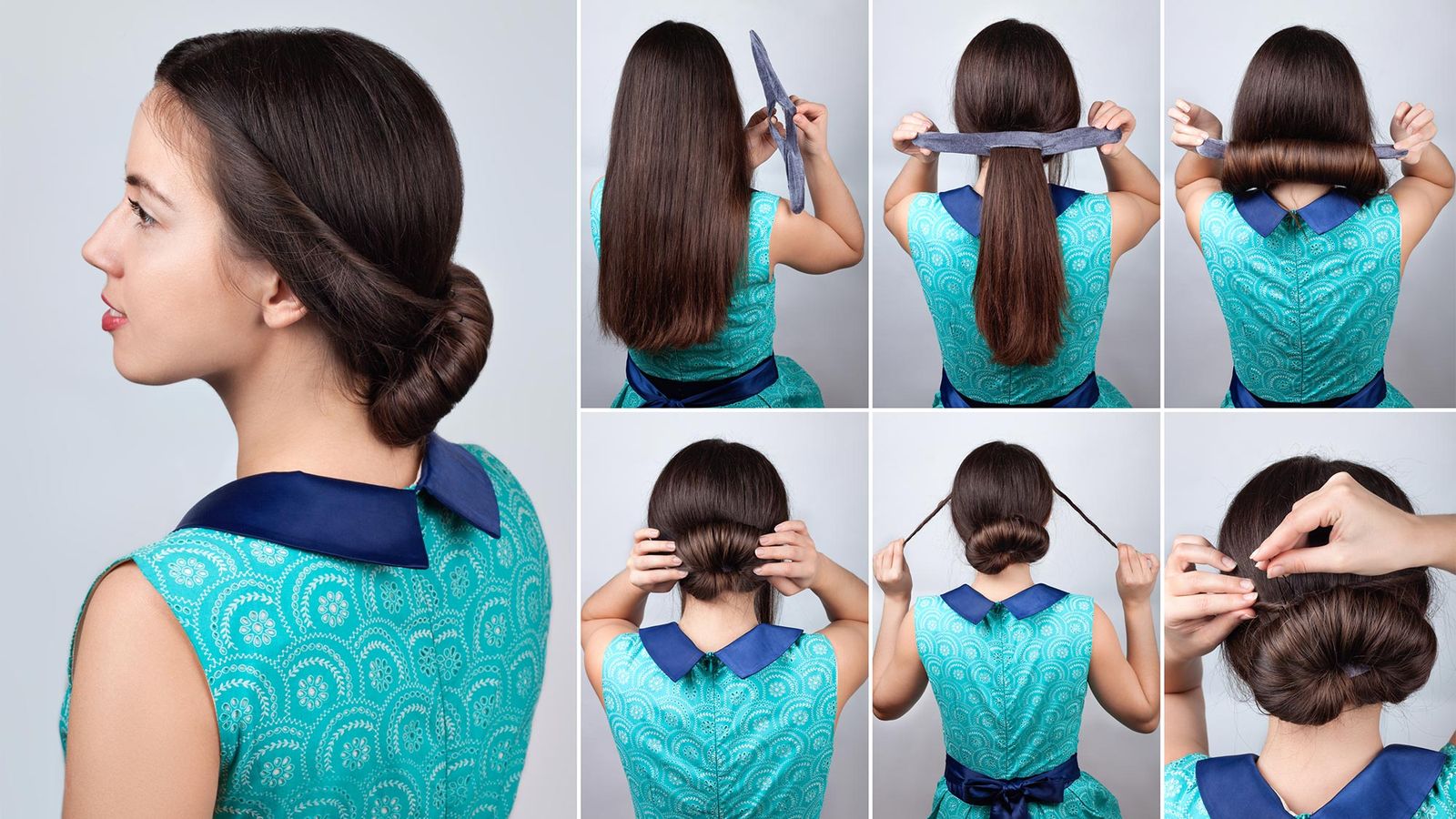 Peinado de moño bajo con accesorio para hacer moños