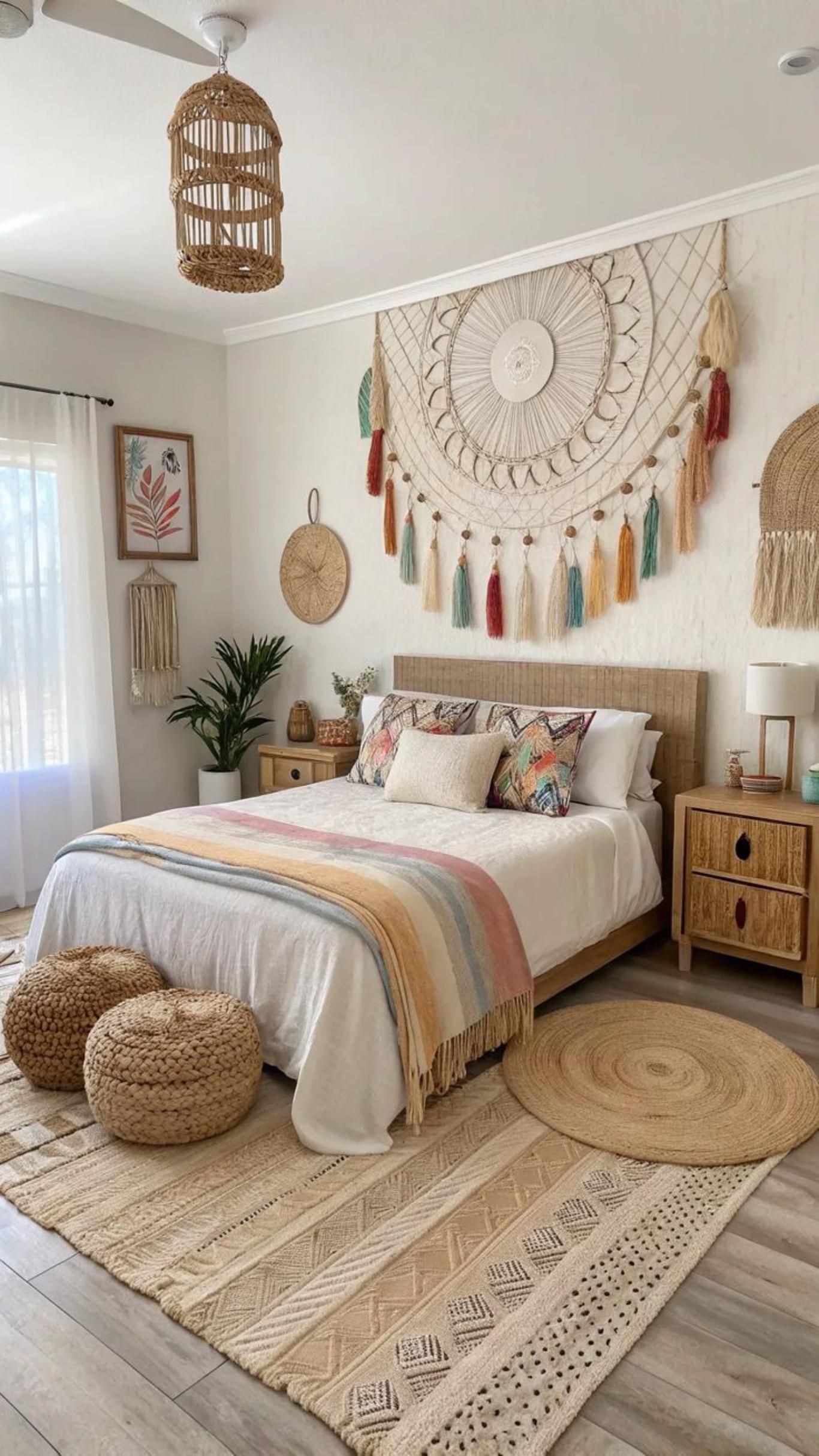 Dormitorio decorado con elementos de fibras naturales.
