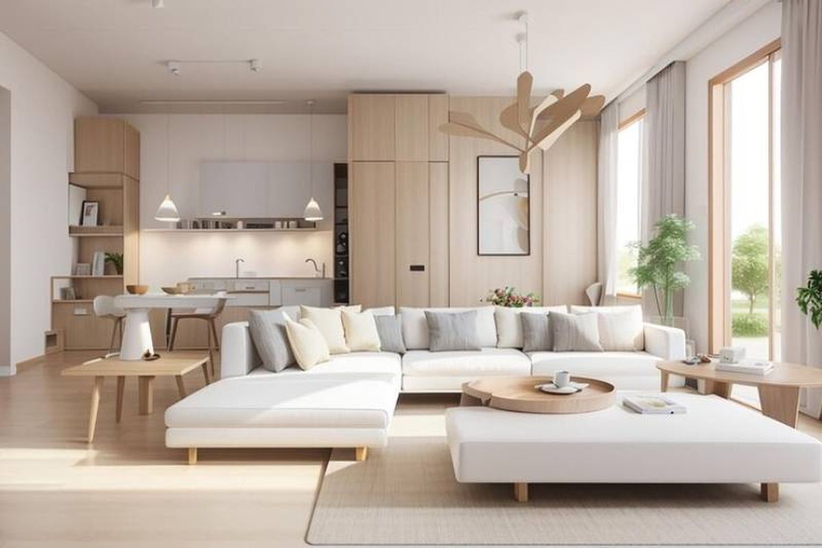 Salón con sofá blanco y muebles de madera clara de una casa minimalista.