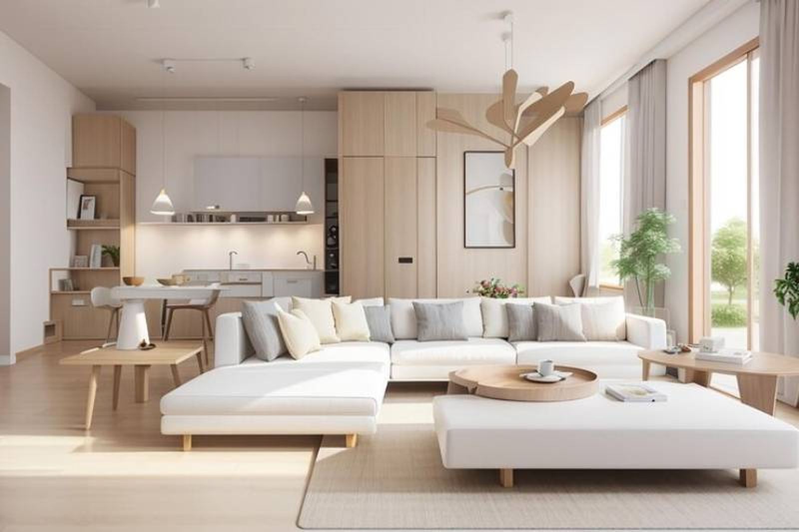 Salón con sofá blanco y muebles de madera clara de una casa minimalista.