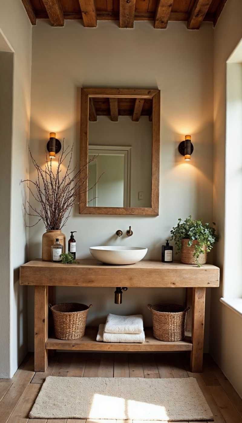 Baño con suelo de madera de estilo rústico.