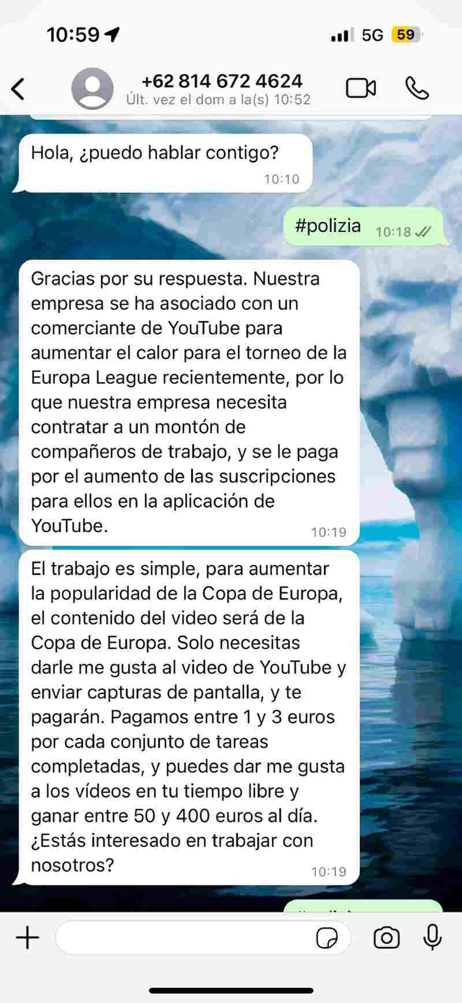 Así se presenta el mensaje de WhatsApp con el prefijo +62