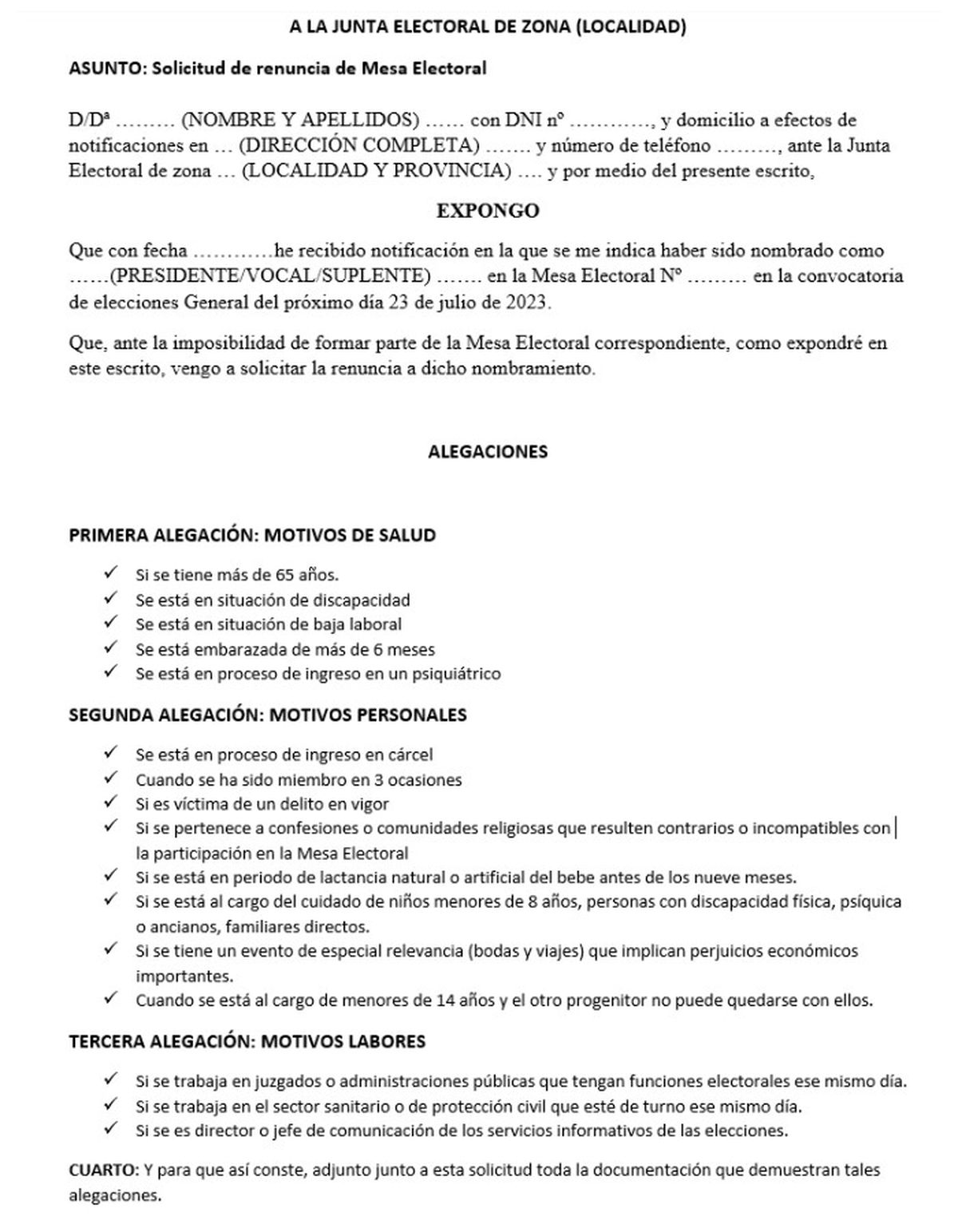 carta renuncia mesa electoral eleciones generales 2023