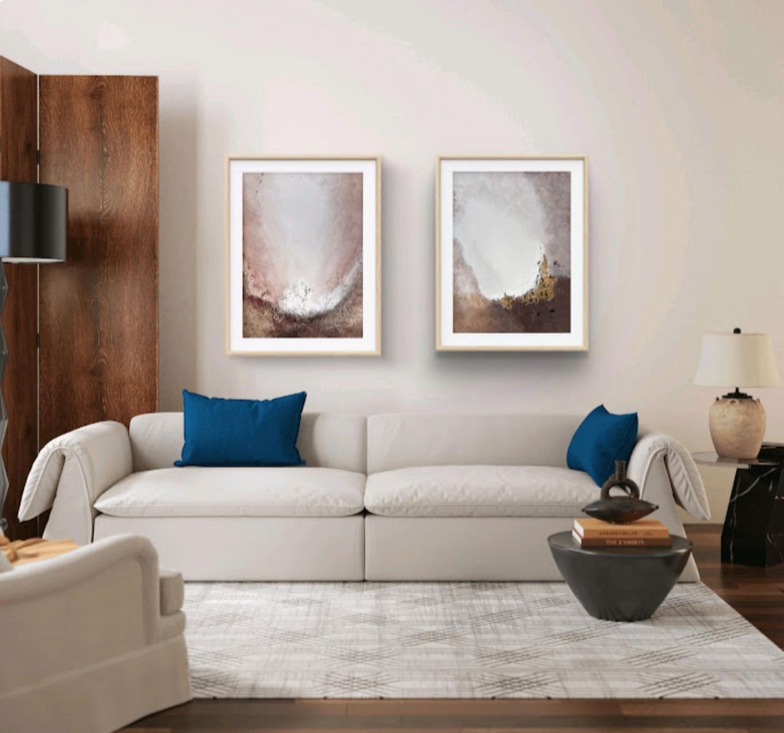 Salón decorado con las obras Tierra y Luz I y IV. / Obras: Lola Castillejos