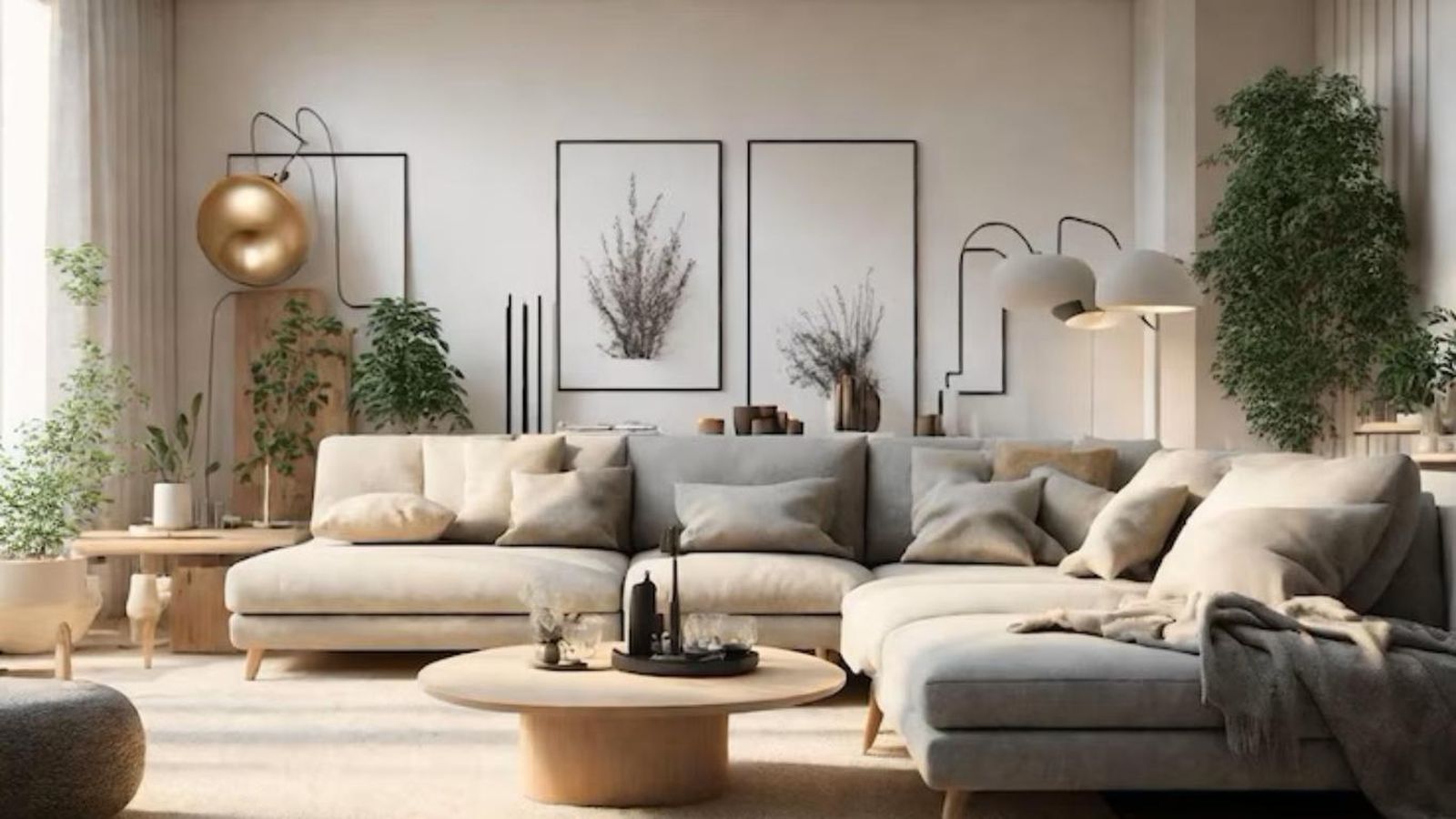 Salón moderno decorado en colores claros.