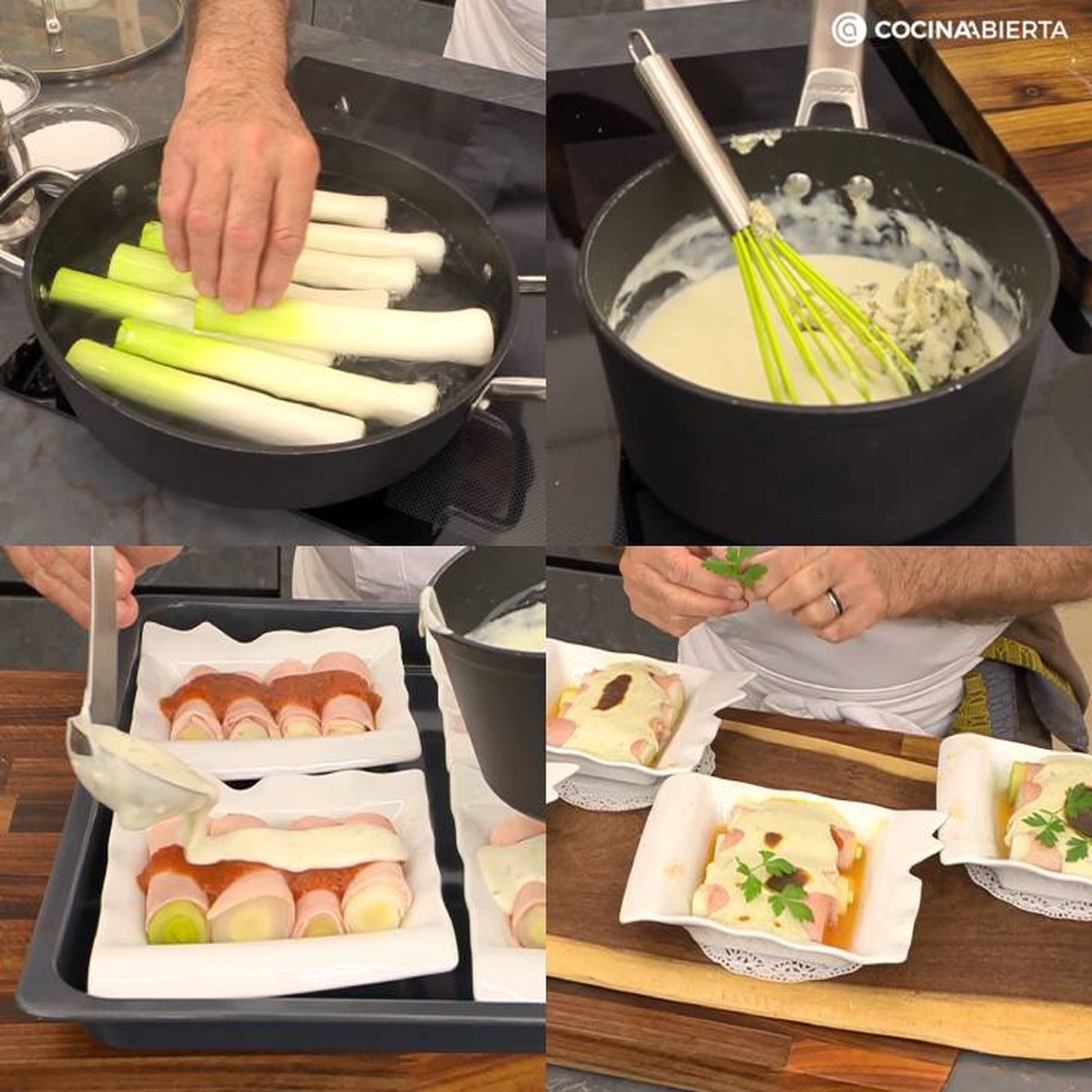 Paso a paso para hacer puerros gratinados con bechamel de queso azul paso a paso