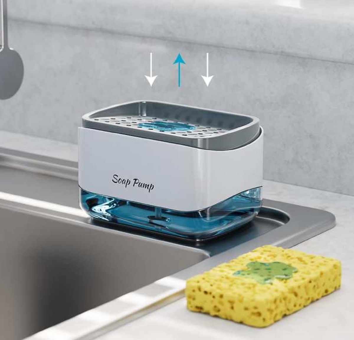 dispensador de jabon de cocina con estropajo