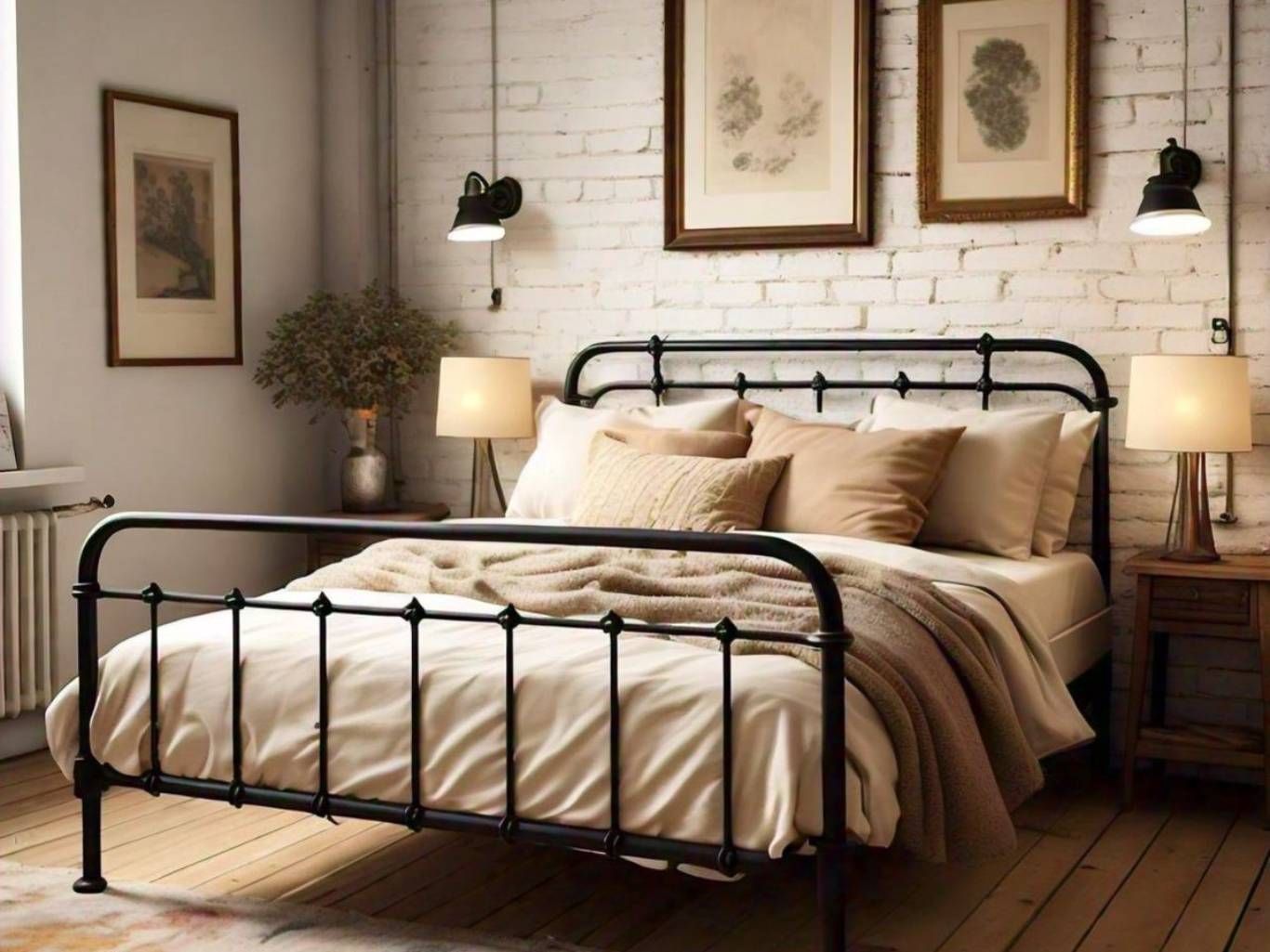 Lámparas cálidas y detalles rústicos realzan el cabecero en este dormitorio de estilo industrial.