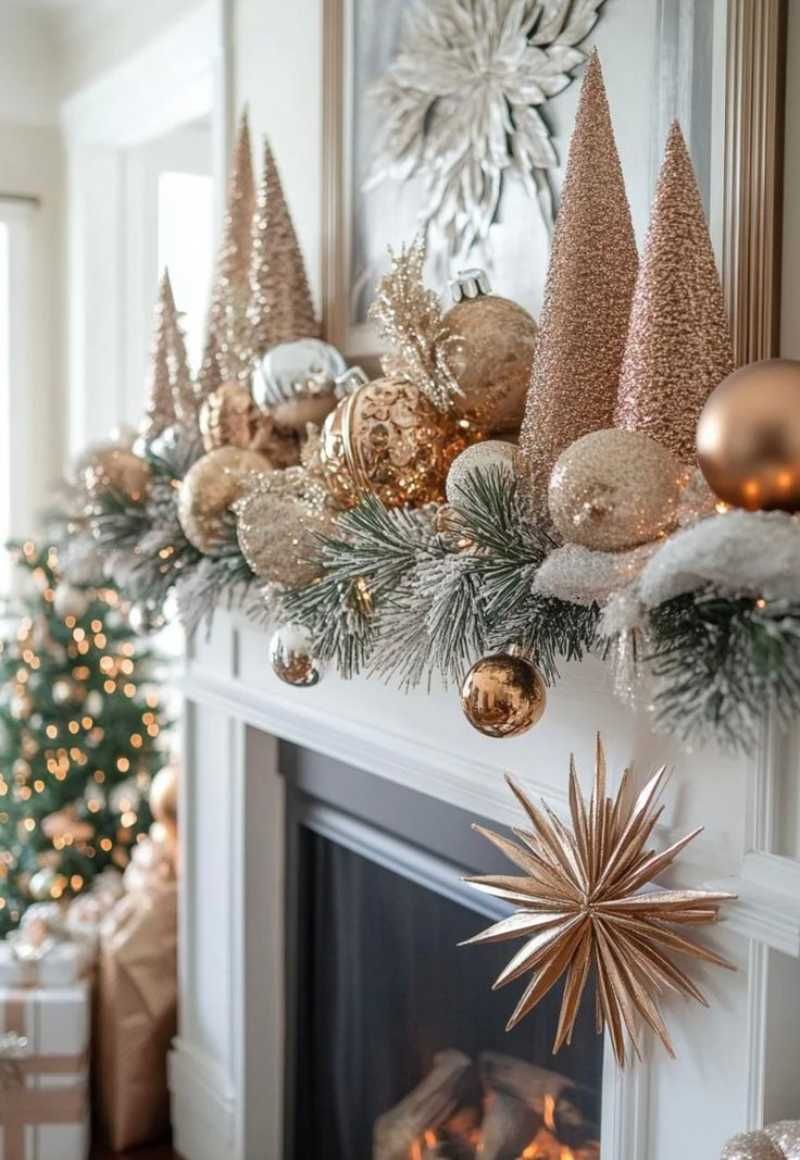 Chimenea con decoración de Navidad en dorado y plateado.