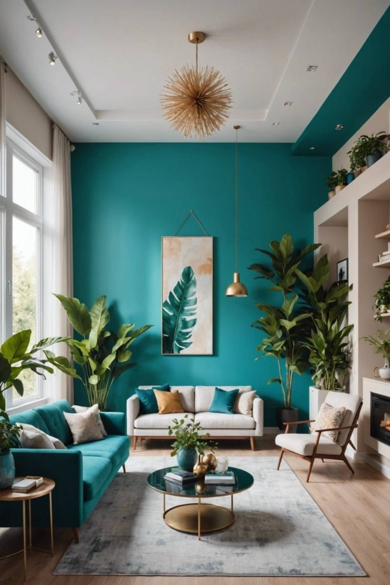 Decoración turquesa con detalles metálicos.
