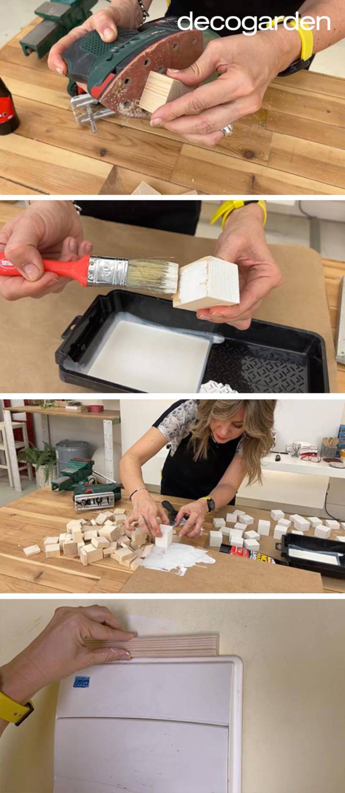 Cómo hacer un marco de madera DIY para tapar el cuadro de luces (pasos 9-12).