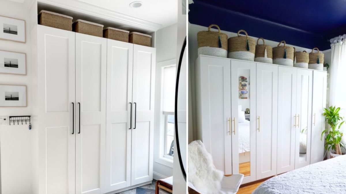 Armarios con cajas y cestos de mimbre encima