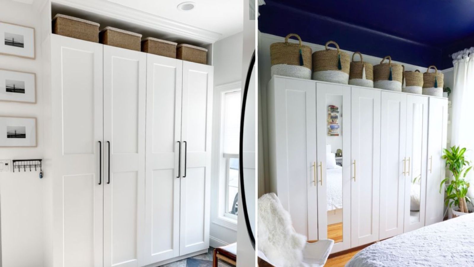 Armarios con cajas y cestos de mimbre encima