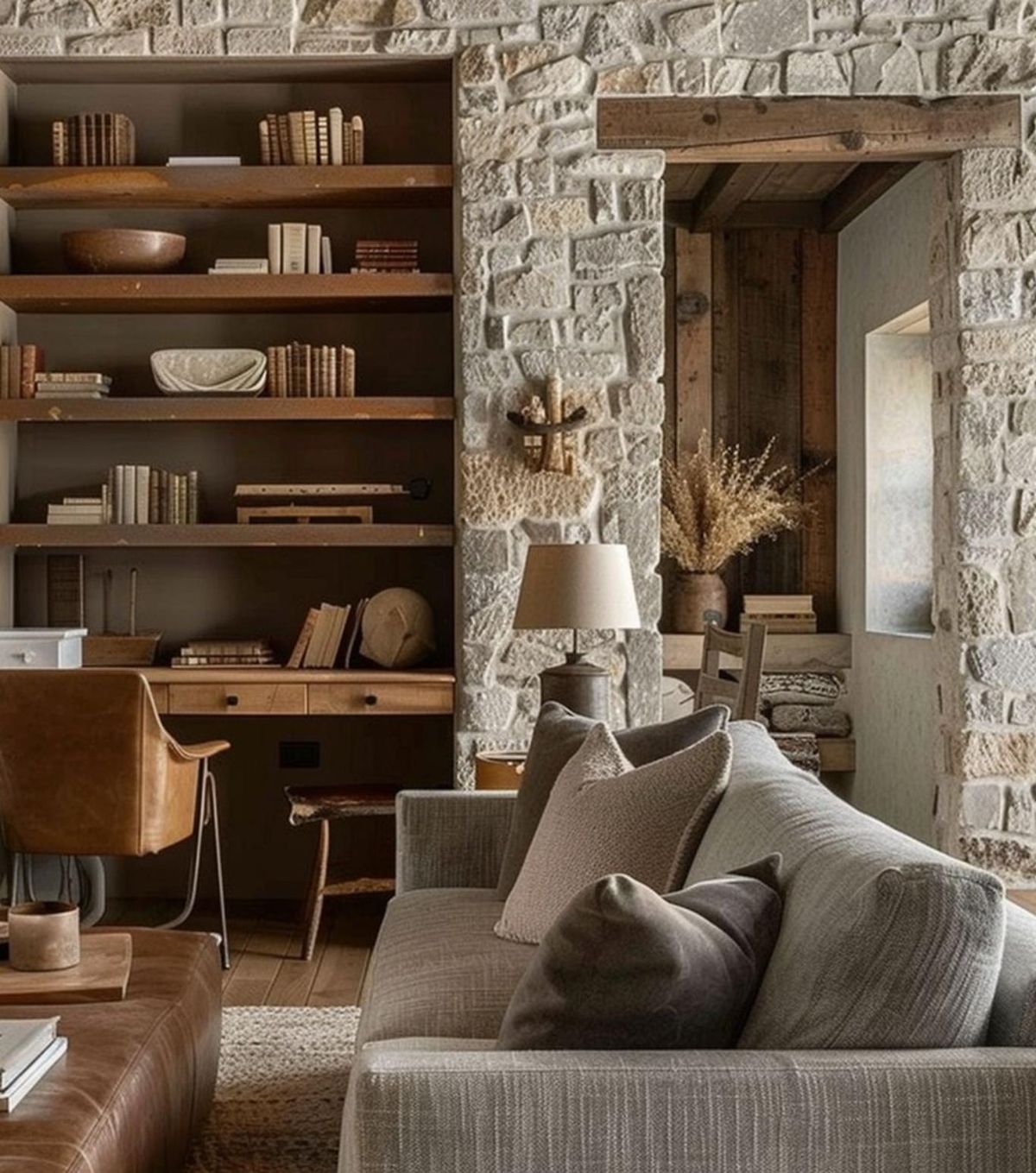 Salón con estantería de libros de estilo cabincore.