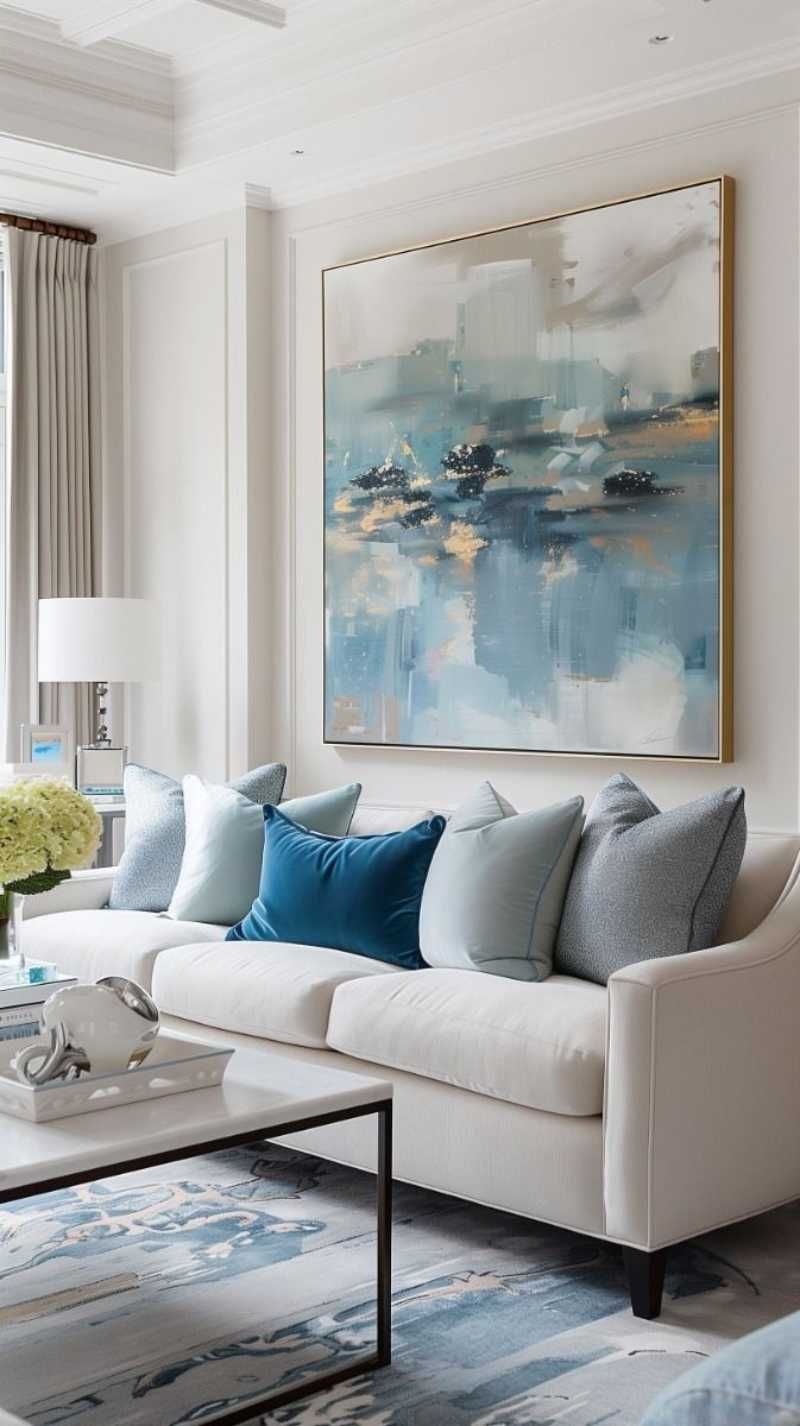 Salón con cuadro XXL en tonos azules.