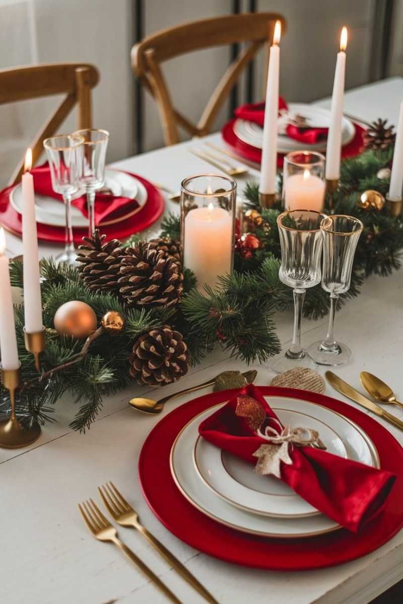 Mesa de Navidad con elementos naturales y candelabros.