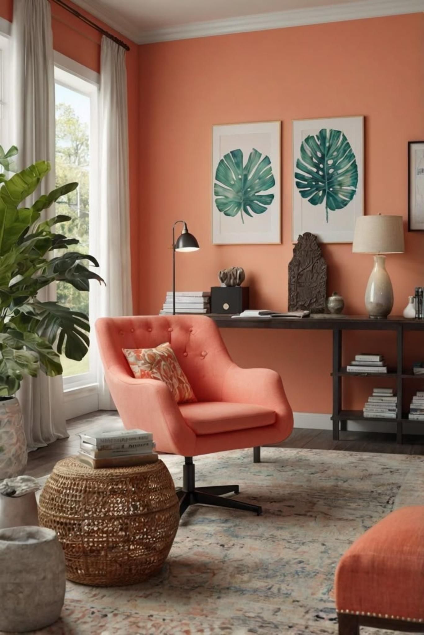 Salón con decoración en color coral.