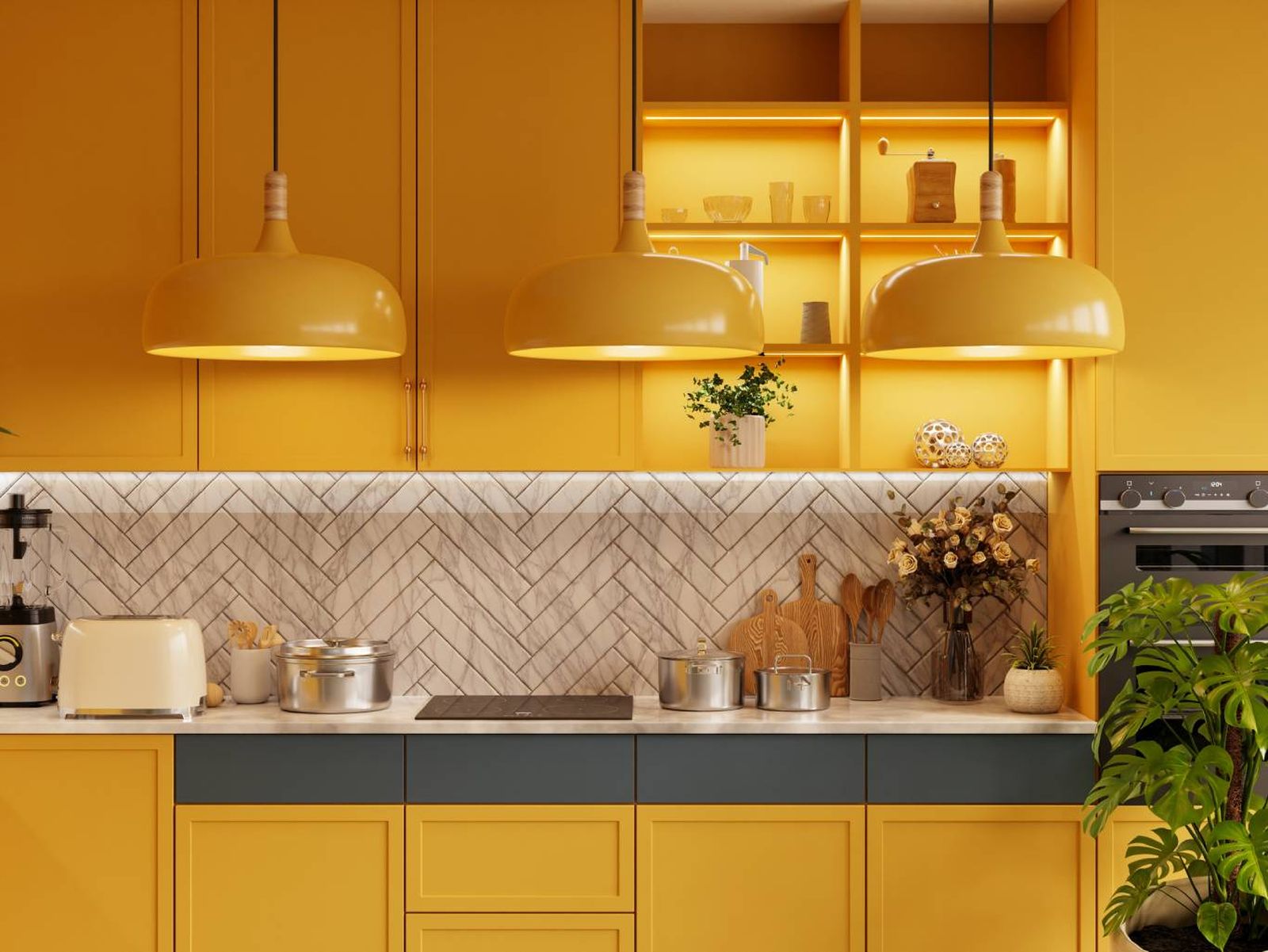 El color mostaza y los detalles en madera aportan calidez a esta cocina retro con aire moderno.