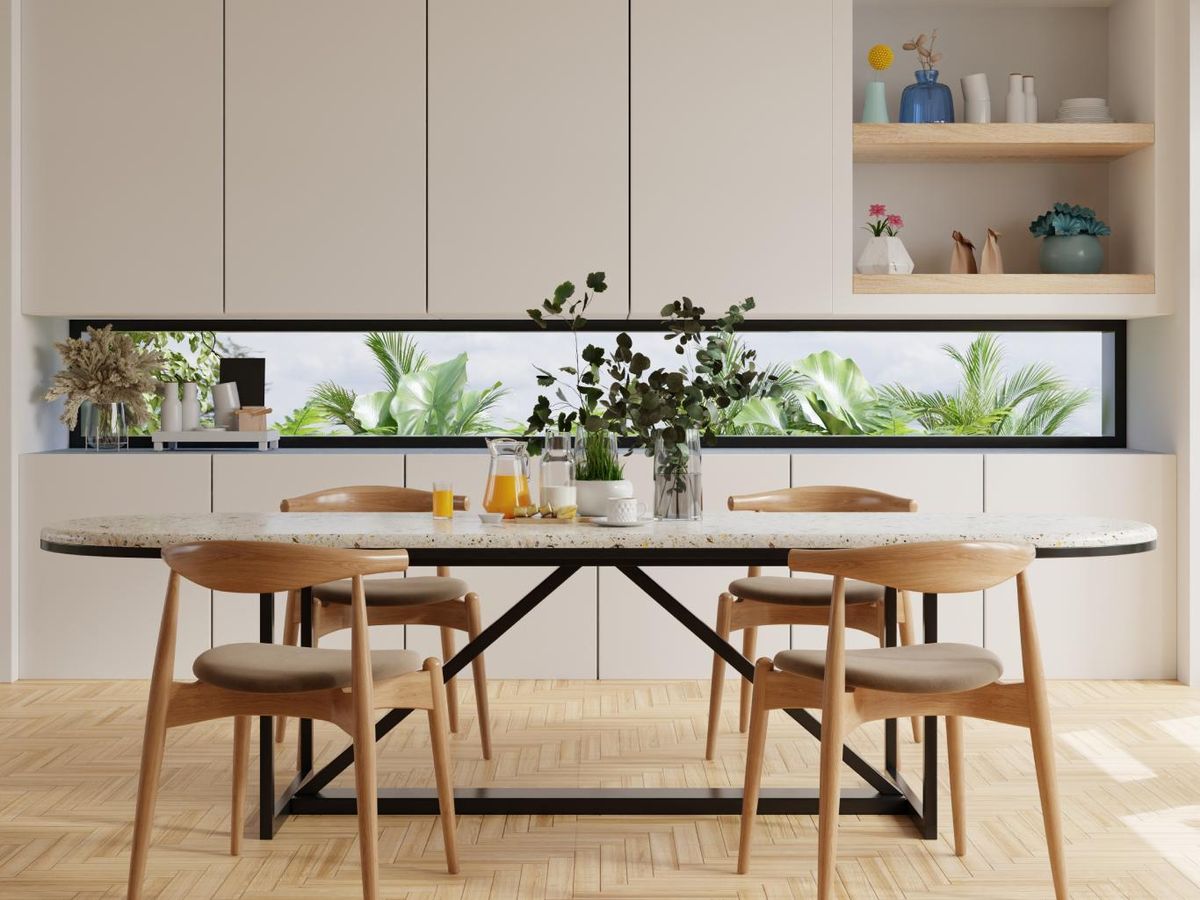 Comedor minimalista con mesa rectangular.
