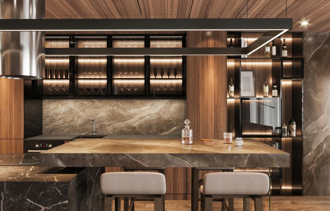 Cocina elegante con mueble con iluminación integrada.