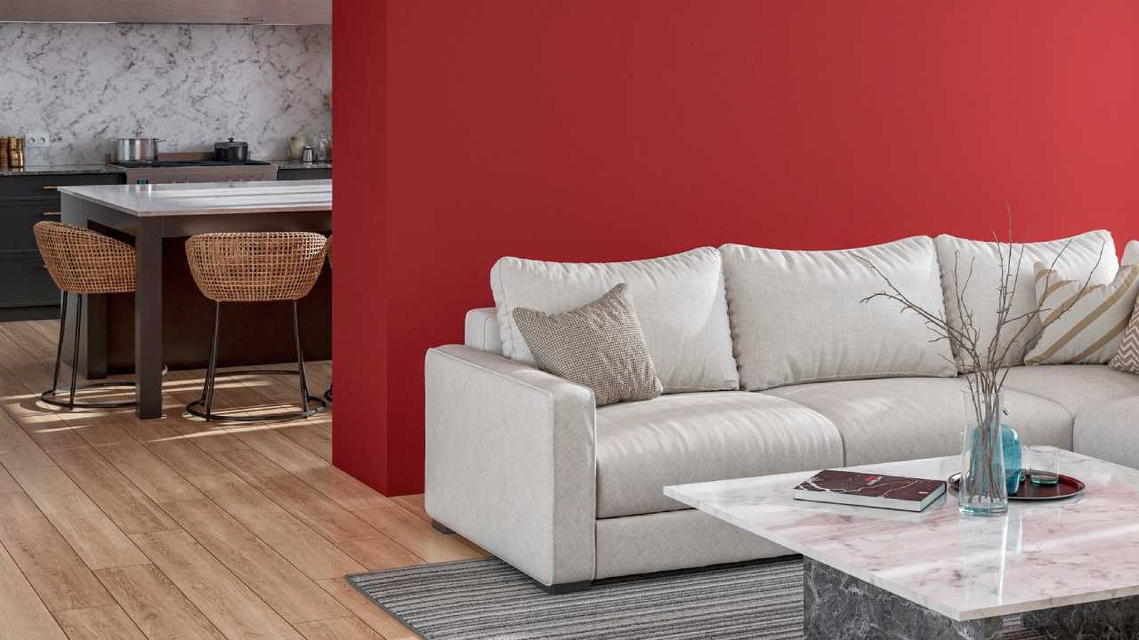 Salón moderno con pared en rojo Oporto.