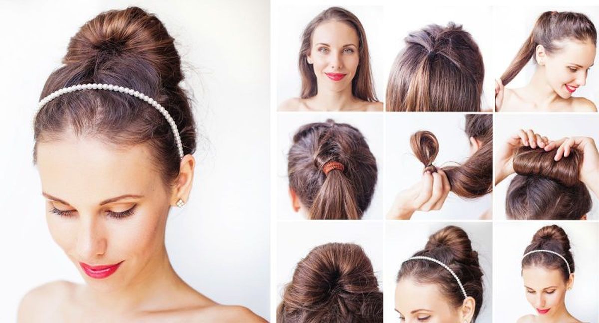 Peinado de moño alto con diadema