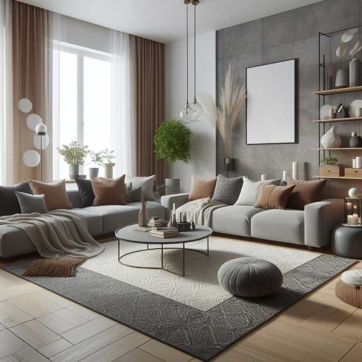 Salón moderno y elegante decorado en gris y tierra.