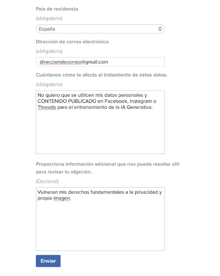 Formulario para evitar que Meta use nuestro contenido en su IA