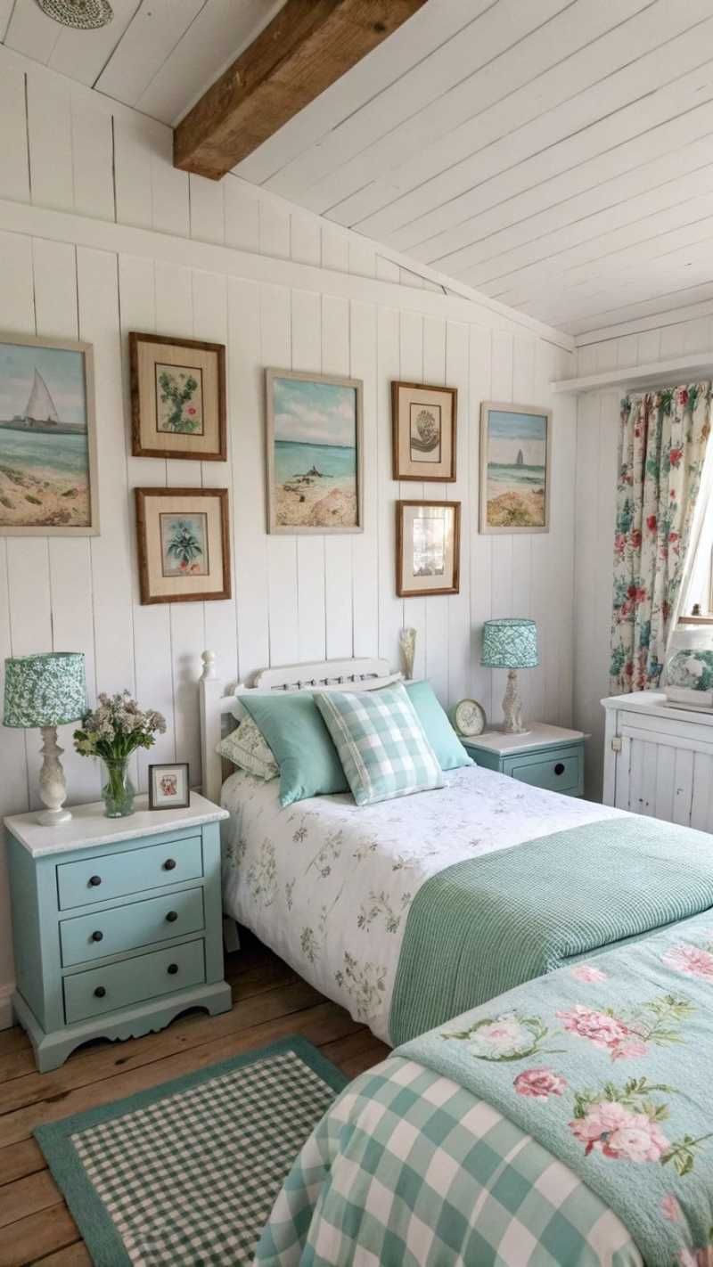 Dormitorio de estilo cottage en tonos azules pastel.