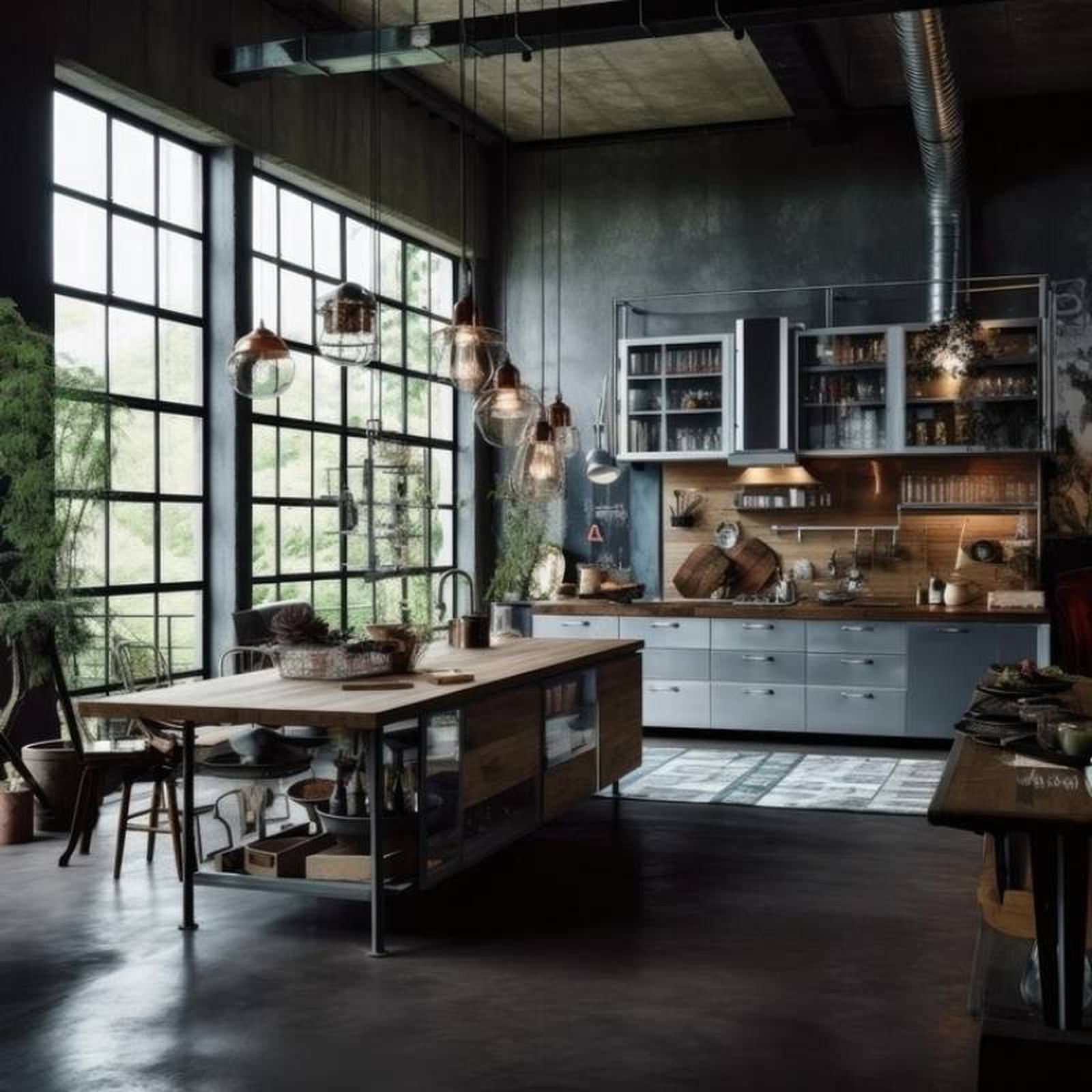 Cocina industrial con complementos metálicos y plantas.