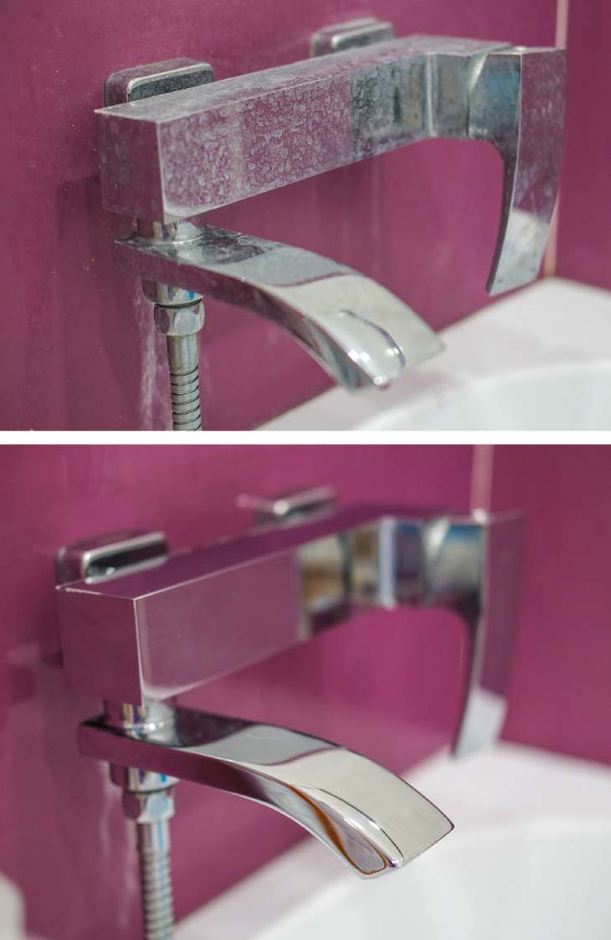 Antes y después de un grifo con signos evidentes de cal.